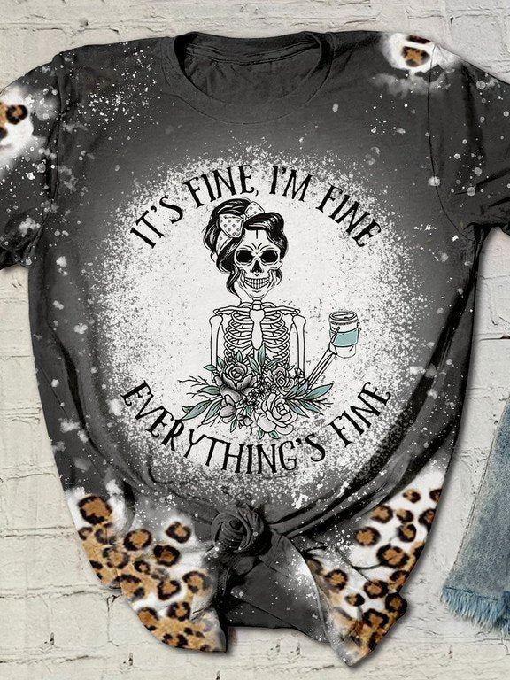 Roses And Skeleton Tattoo – Everything’S Fine Leopard 3D Hoodies T-Shirt Long Sleeve Gifts For Women Friends Girls Sister Niece