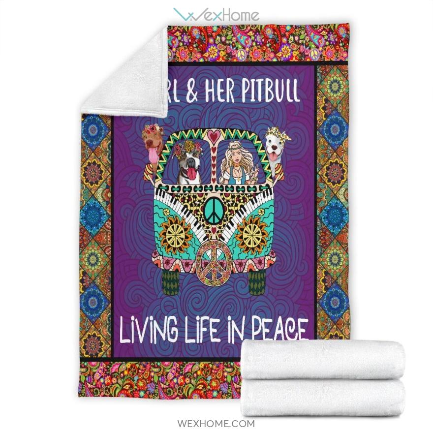 A Girl And Her Pitbull Living Life In Peace Hippie Premium Blanket W1129