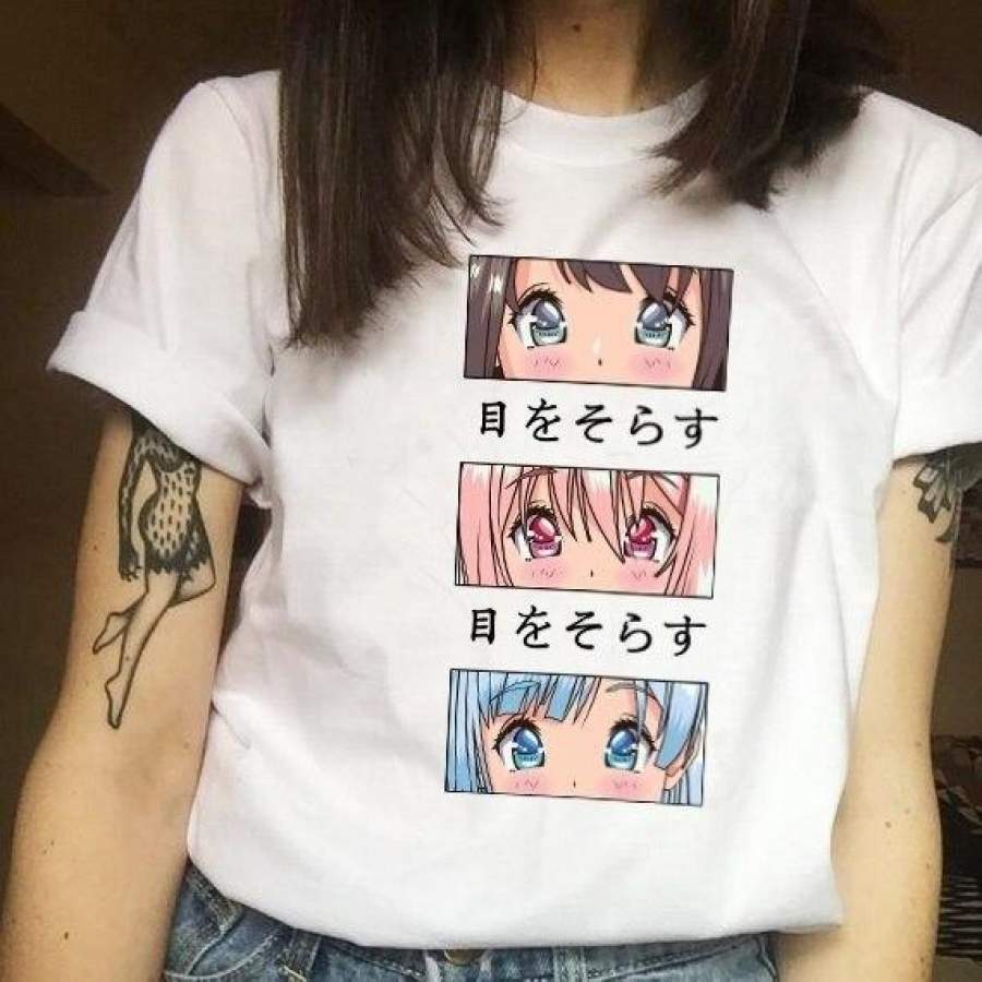 Look Away Anime Girl Eyes Print T-Shirt  Kawaii Aesthetic Japanese Harajuku Style 90s Shirt