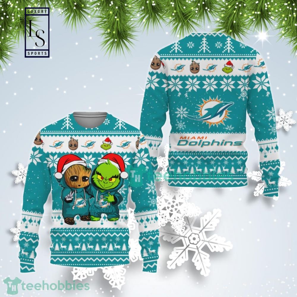 Miami Dolphins Baby Groot And Grinch Best Friends Gift For Fan Ugly Wool Sweater Christmas