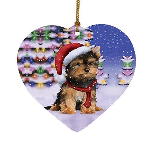 Winterland Wonderland Yorkshire Terriers Puppy Dog In Christmas Holiday Scenic Background Heart Ornament