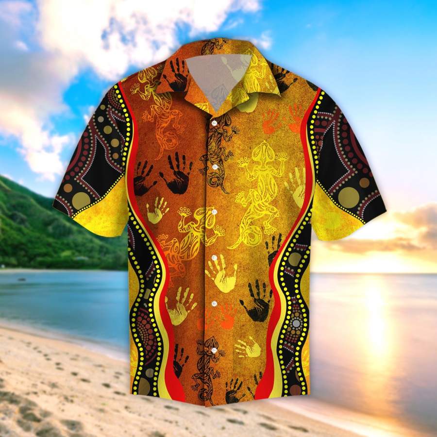 Aboriginal Australia Rock Painting Hand Lizard Art Golden Style Beach Shirt TR2707207S