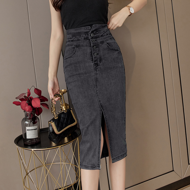 Black Blue Summer Vintage Mid-Long Denim Skirts For Woman 2021 High Waist Streetwear Sexy Split Elegant Jean A-Line Skirts Femme alx