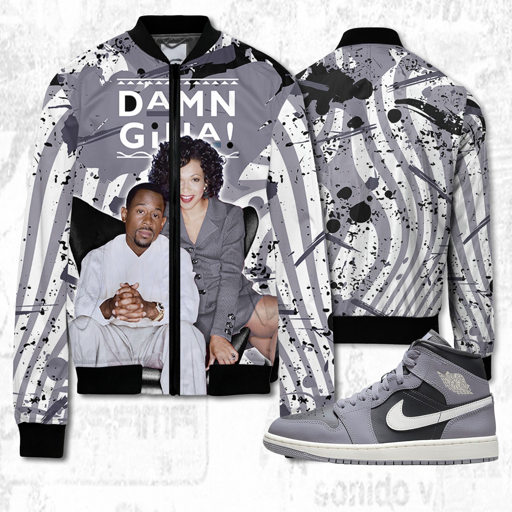 Damn Gina 3D Humor 90s Unisex jacket match Jordan 1 Mid Cement Grey Jordan Jordan MatchBomber