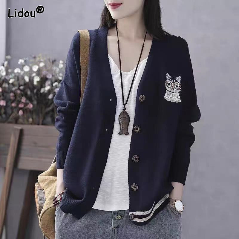 Autumn Winter Embroidery Thick Cardigan V-Neck Button Animal Sweaters Single Breasted Knitting Preppy Style Women’s Clothing alx