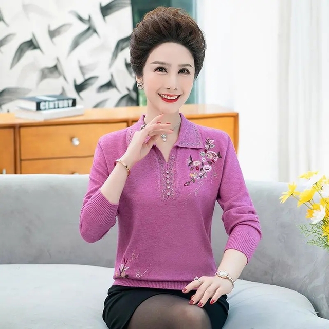 Women’s Cashmere Sweater And Pullover Autumn Winter Middle-aged Mother’s Bottoming Shirt Loose Lapel Long Sleeved Jumper 5XL alx