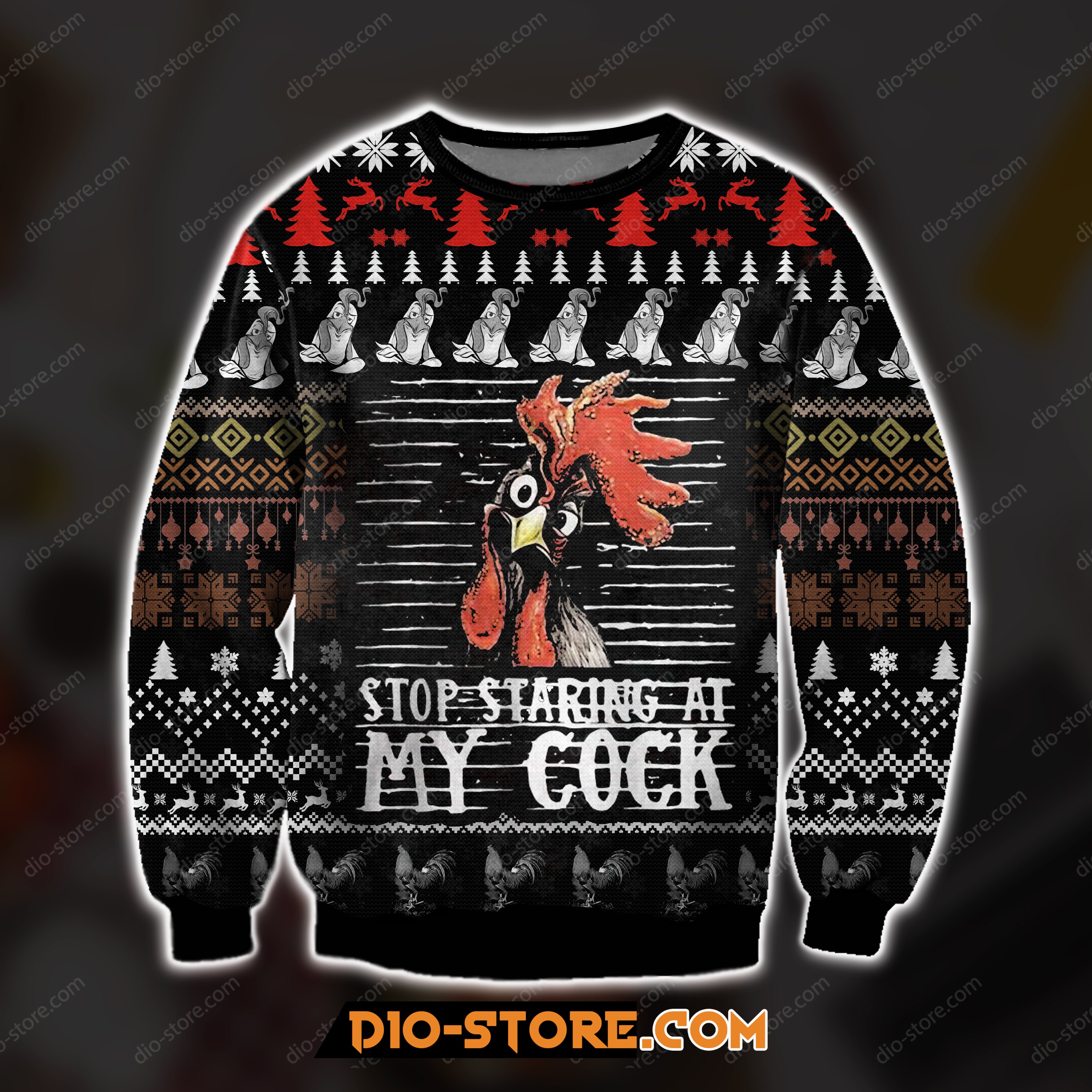 3D Print Knitting Pattern Stop Staring At My Cock Chicken Lover Ugly Christmas Sweater Hoodie All Over Printed Cint10215