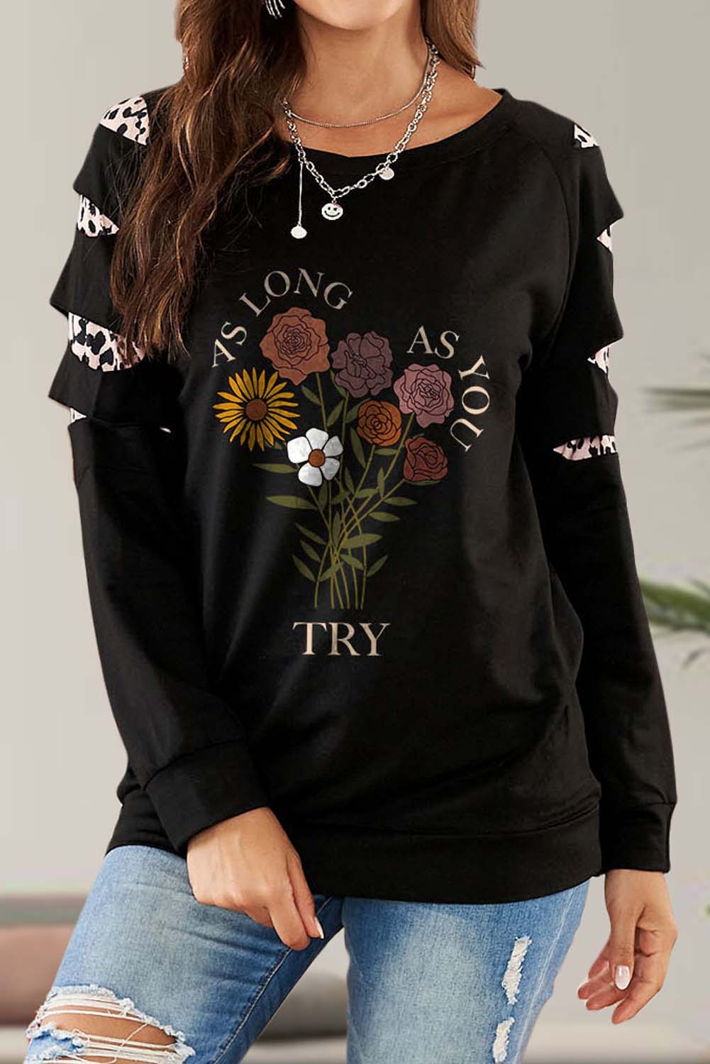 Women’S Sweatshirts Floral Leopard Print Sweatshirt