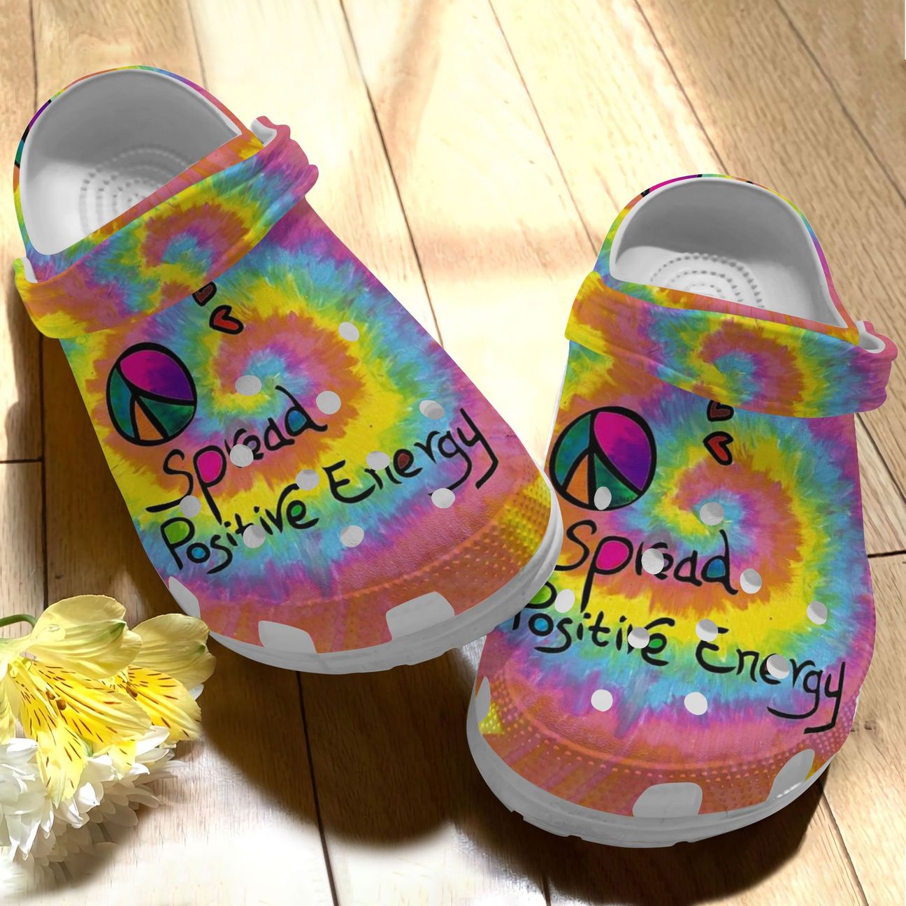 Hippie Personalize Clog, Custom Name, Text, Fashion Style For Women, Men, Kid, Print 3D Whitesole Hippie Positive Energy