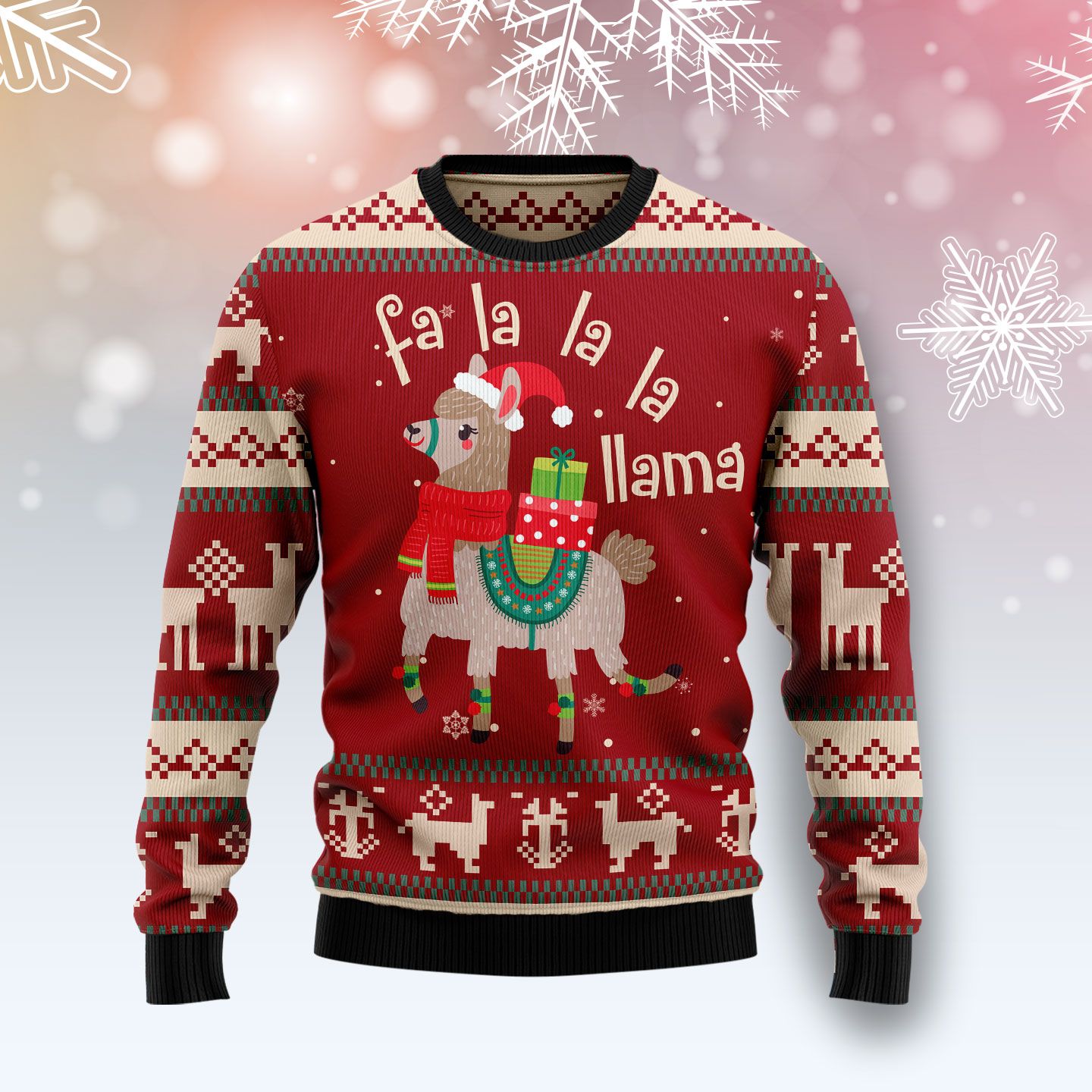 Unifinz Llama Christmas Ugly Sweater Llama Fa La La La Llama With Christmas Hat And Presents Red White Sweater 2022