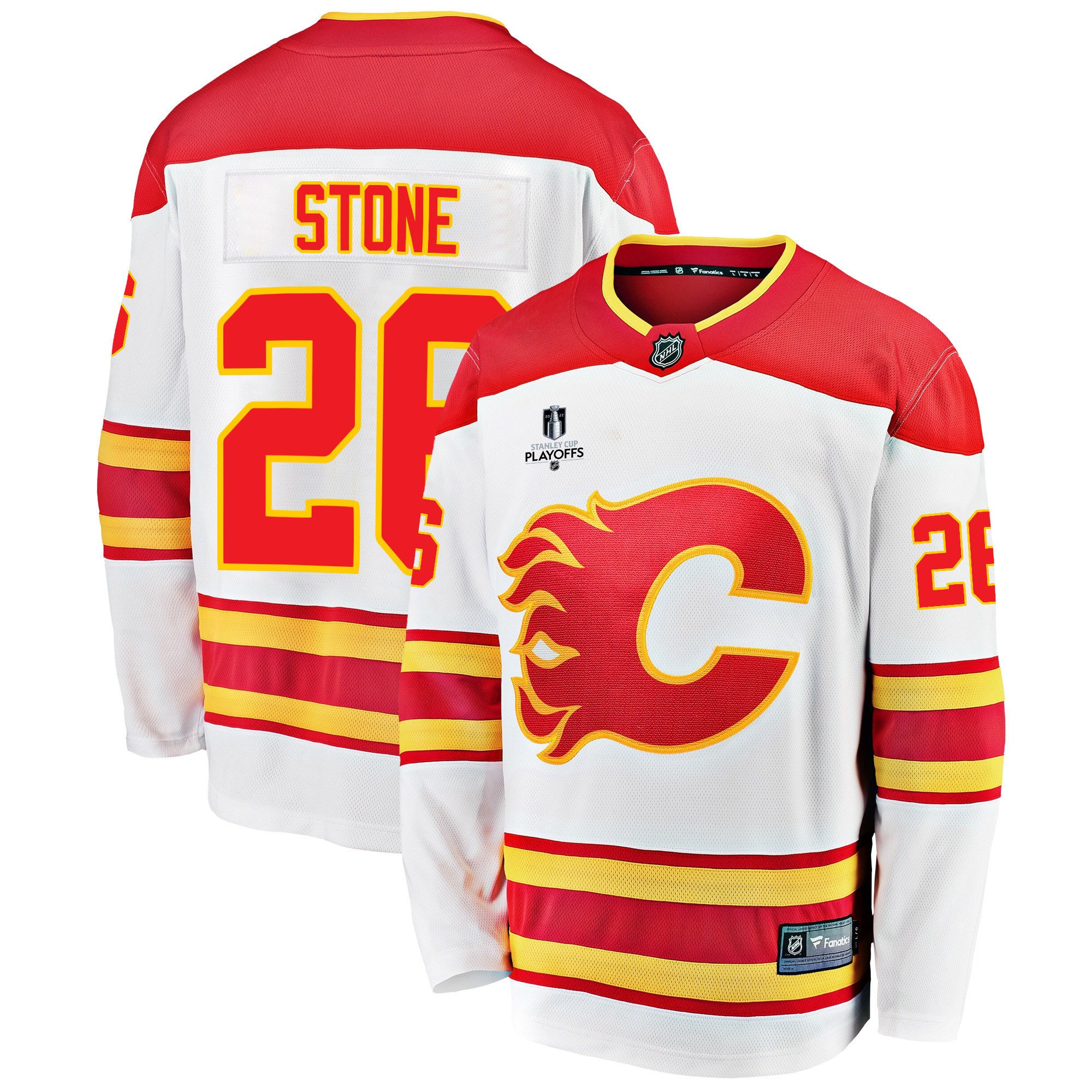 Calgary Flames Michael Stone 26 Away 2022 Stanley Cup Playoffs Breakaway Men Jersey – White