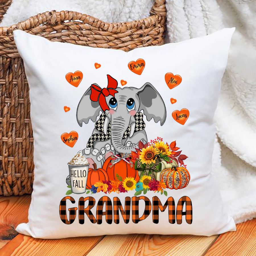 Grandma Fall Elephant Gift Custom Kidnames Pillow