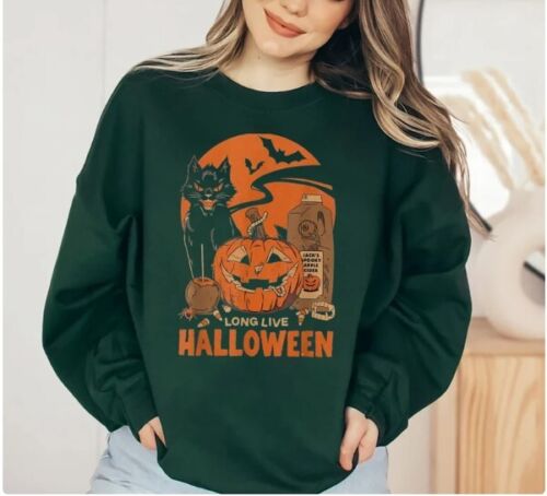 Vintage Halloween Sweatshirt, Pumpkin Black Cat Sweatshirt All Over Print Sweatshirt For Women Sweatshirt For Men