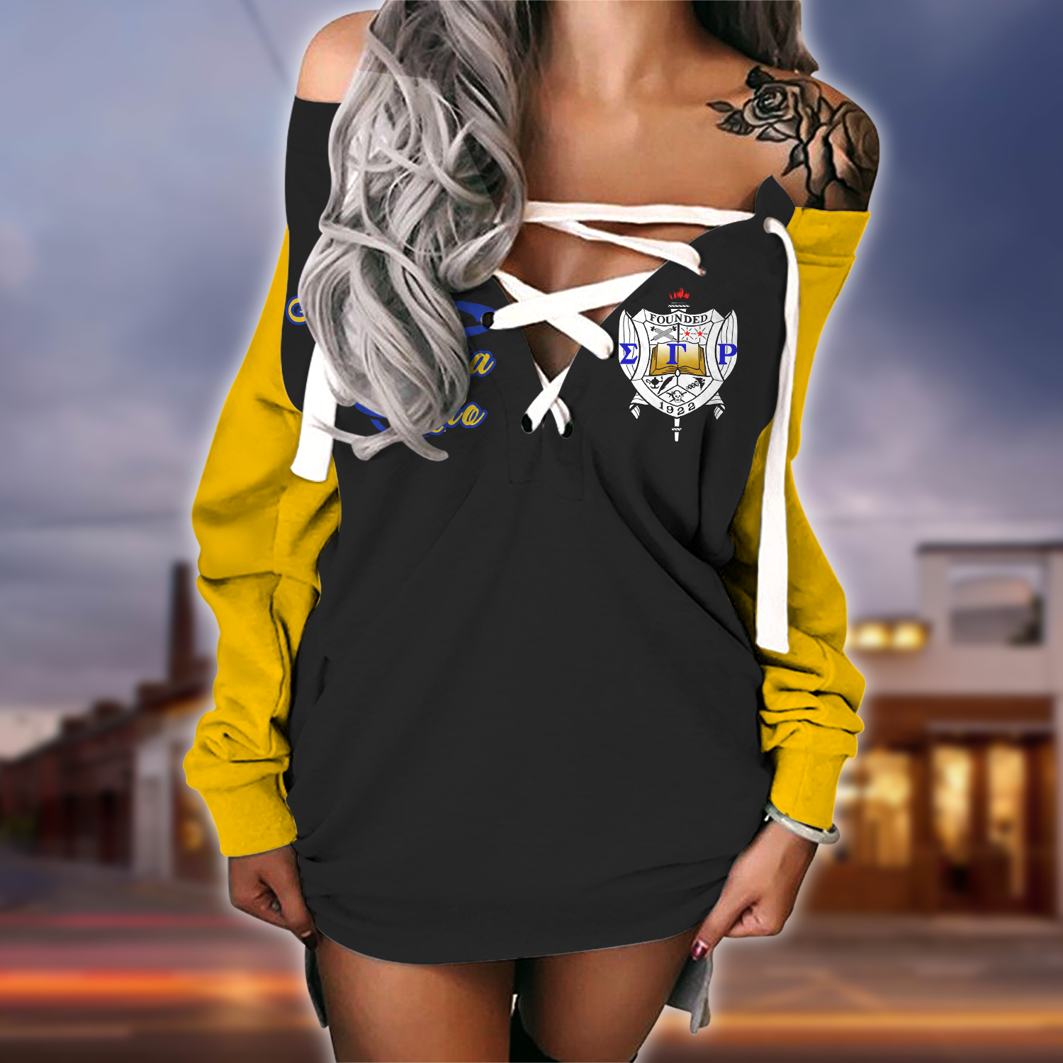 Sigma Gamma Rho lace up criss cross V-neck sweater dress 01