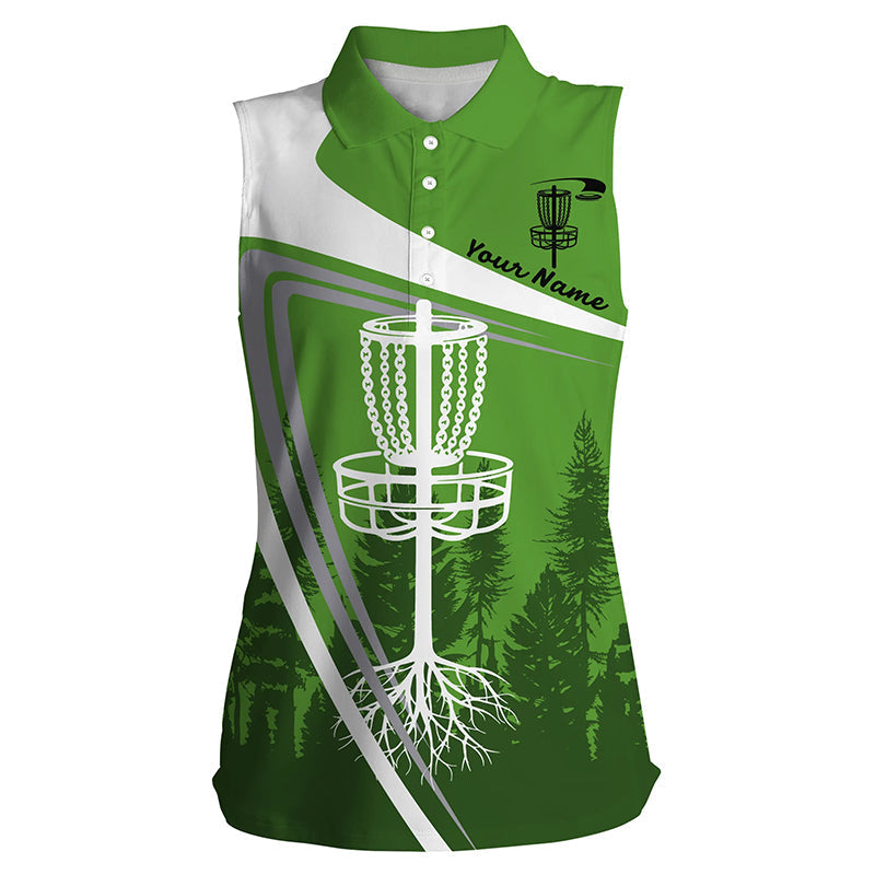 Womens Disc Golf Sleeveless Polo Shirt, Custom Name Green Disc Golf Basket, Personalized Disc Golf Shirts