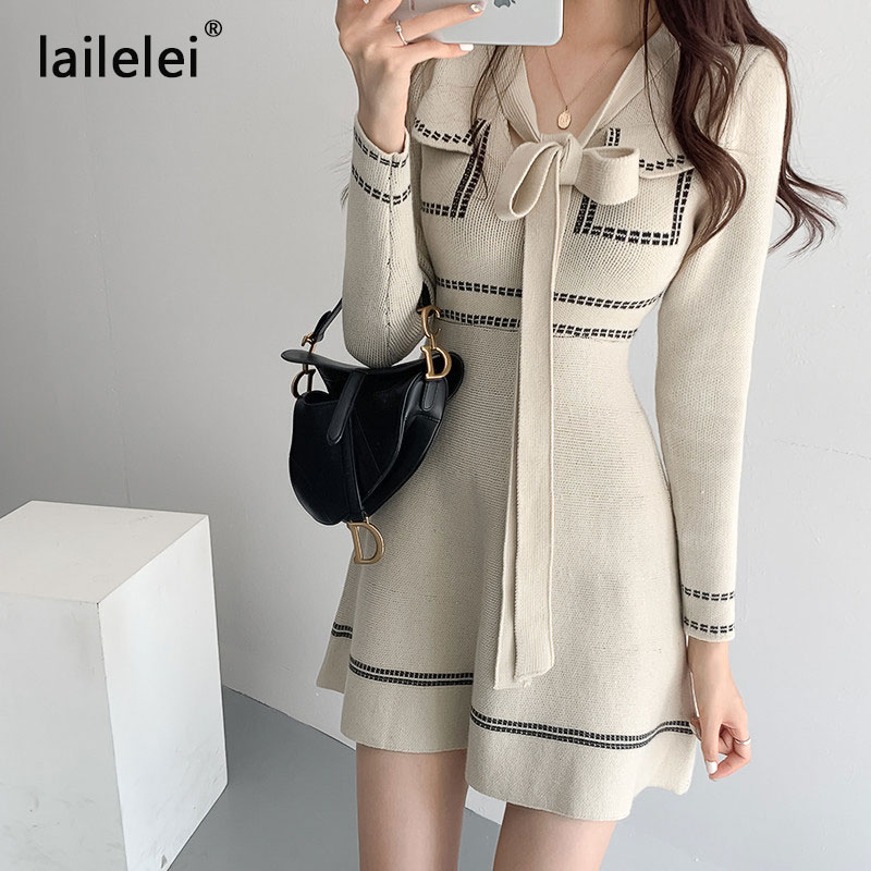 Bow Knitted Mini Dress Long Sleeve a Line Sweater Vestido Corto Elegant Vintage Winter Black Office Korean Runway Fall 2020 Robe alx