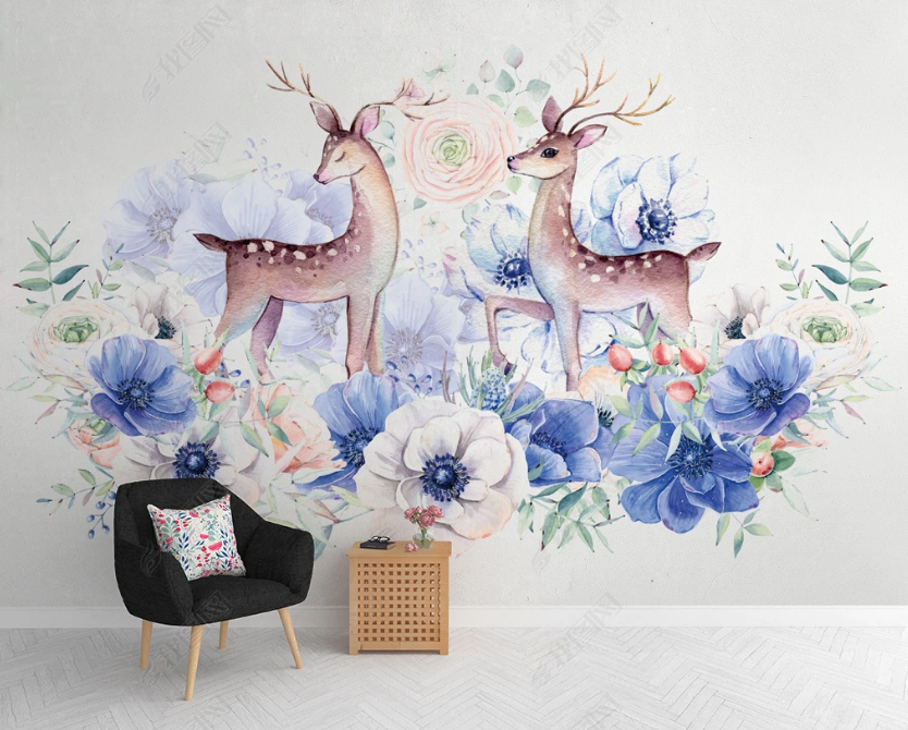 3D Watercolor Floral Animal Deer Wall Mural Wallpaper Lqh 29