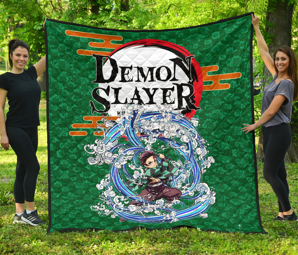 Demon Slayer Anime Tanjiro Water Breath Power Green Background Premium Quilt Blanket