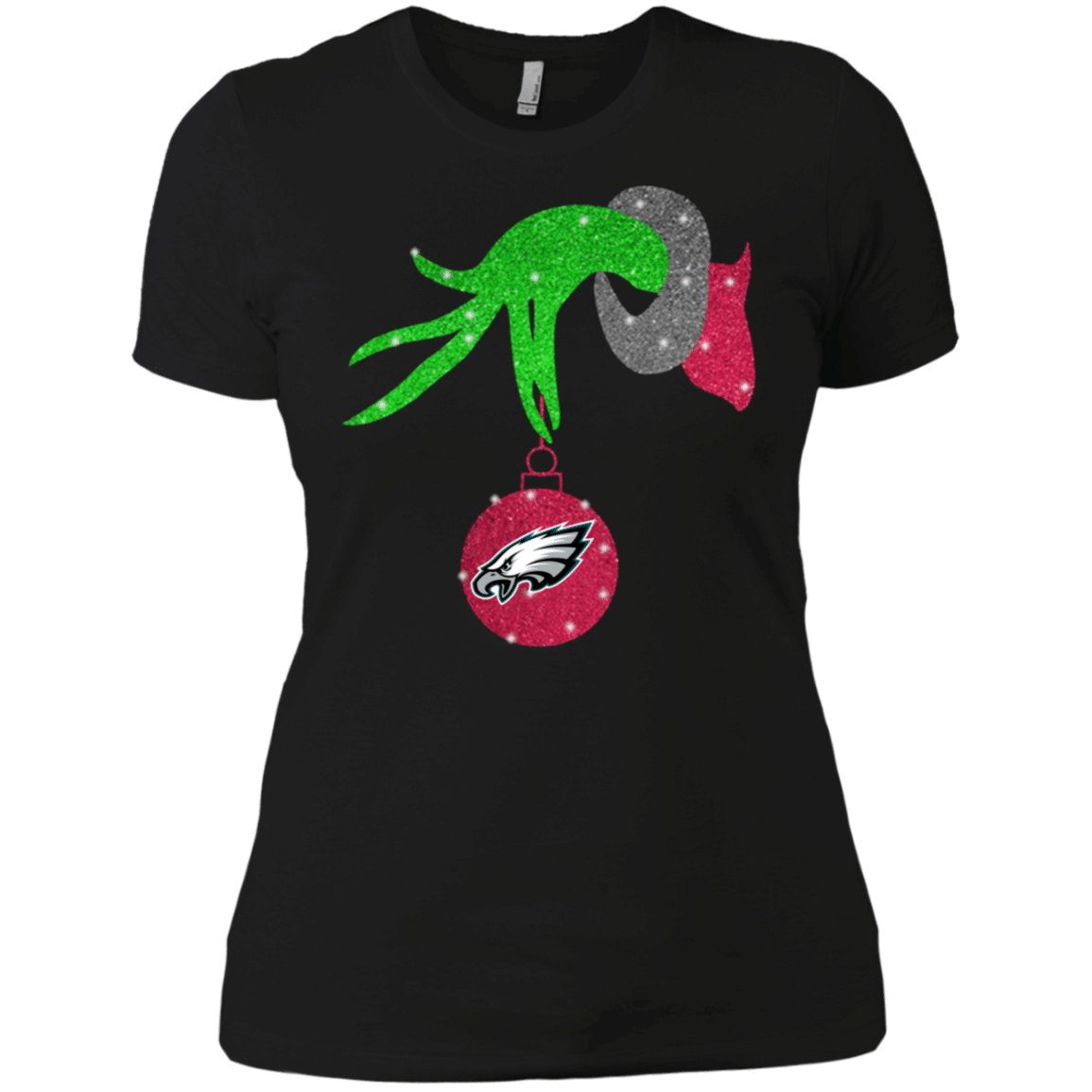 Find Grinch hand holding Philadelphia Eagles Glitter Christmas Ladies’ Boyfriend T-Shirt