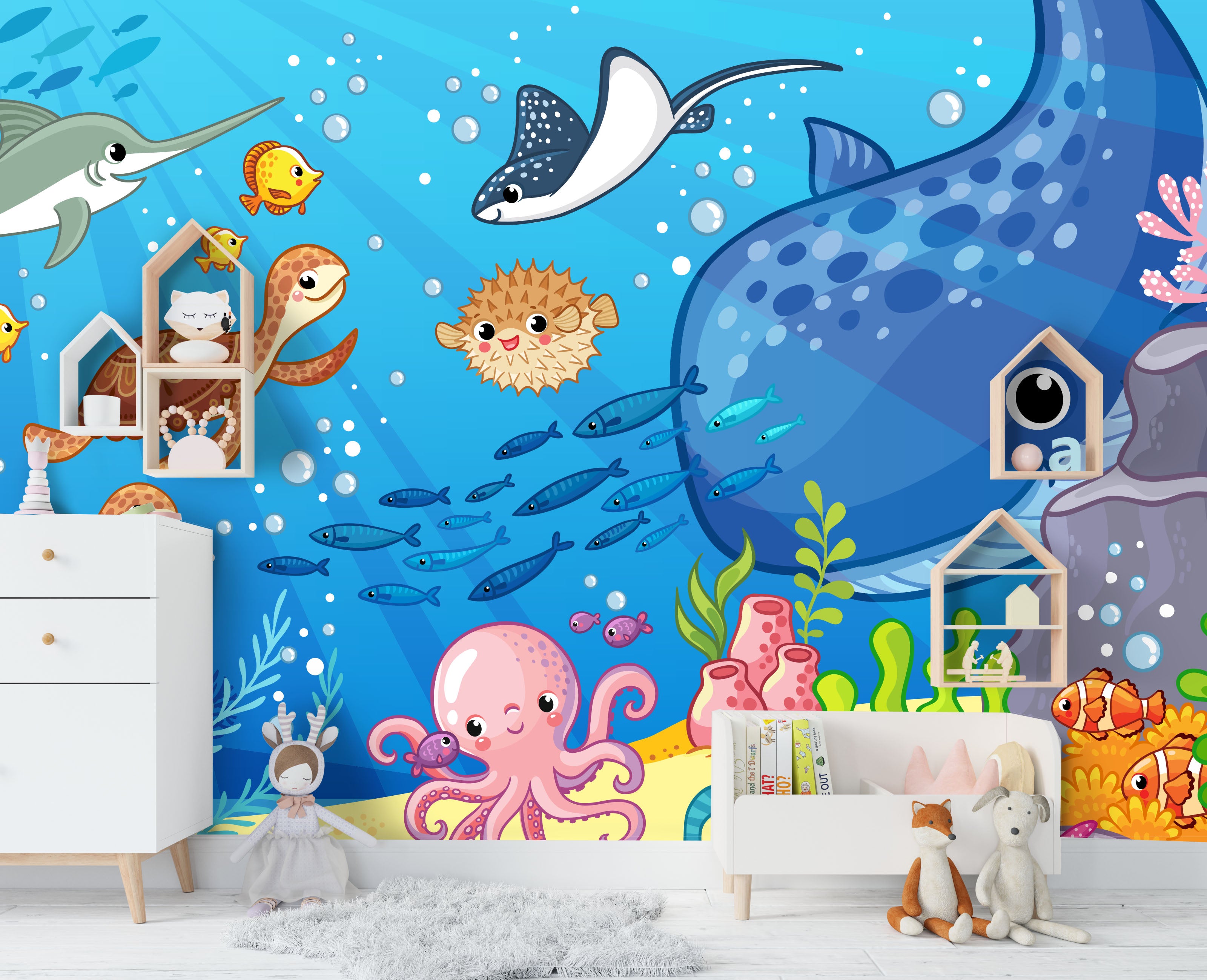 3D Color Cartoon Marine Animals Wall Mural Wallpaper 103