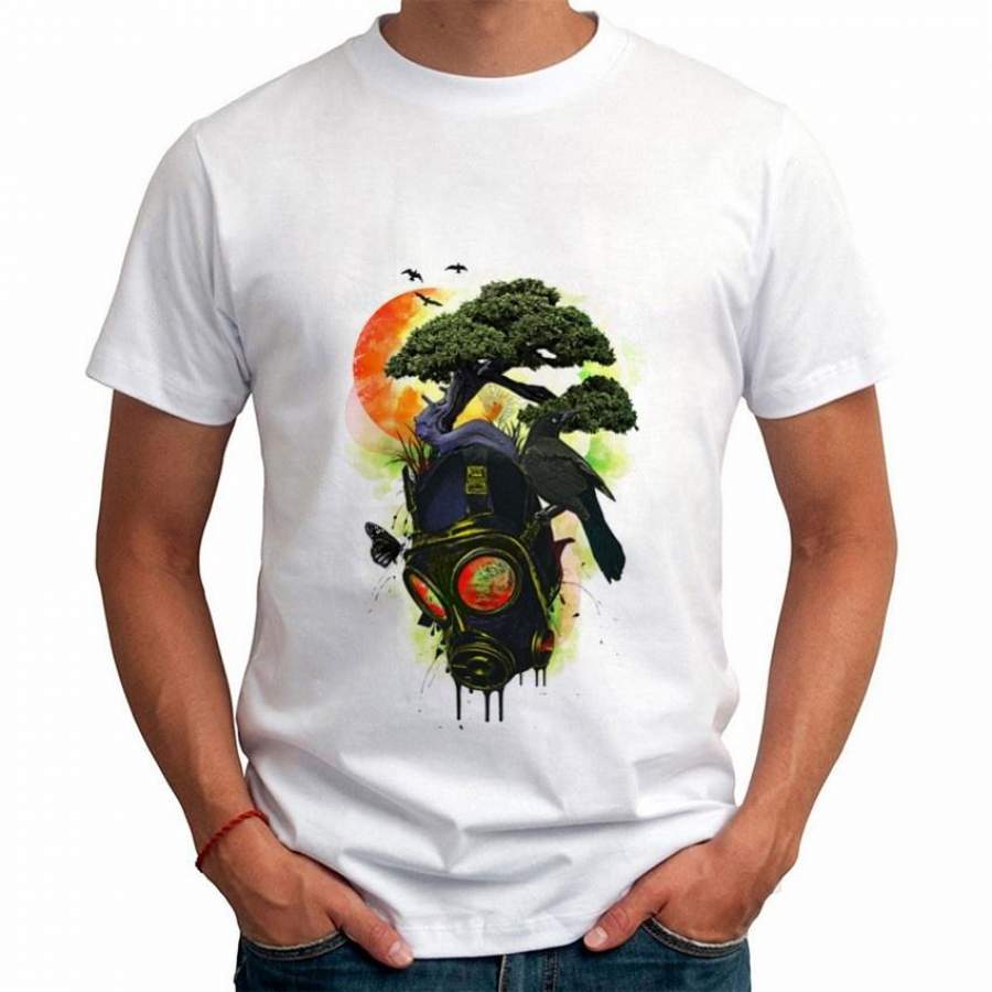 New Men’S Fashion Summer Short Sleeves O-Neck Tee Shirt Animal And Tree Print White T-Shirt