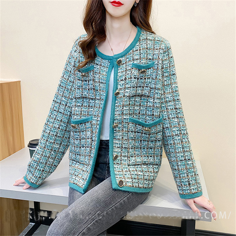 20844 (3 room 12 ranked no. 1) not make web celebrity figure grid stripe round collar knitting cardigan 53 alx