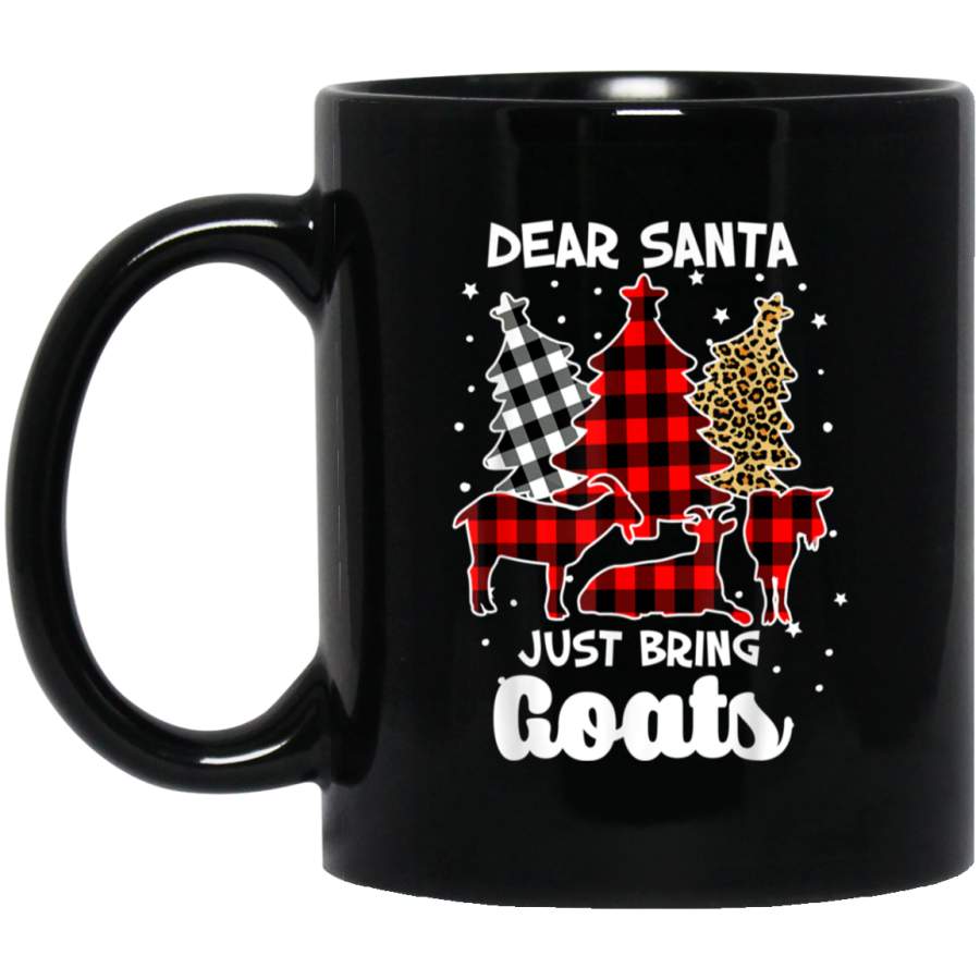 Dear Santa Just Bring Goats Buffalo Plaid Leopard Xmas Tree 11 oz 15 oz Black Mug