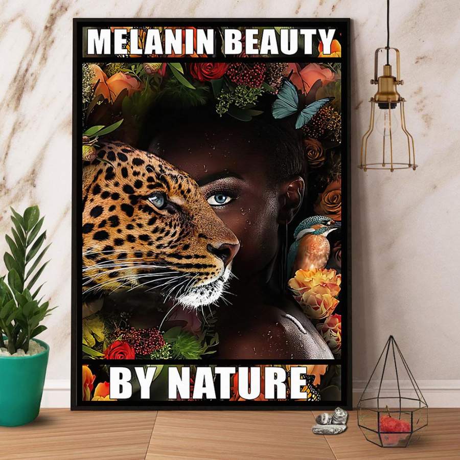 Black girl and leopard melanin beauty by nature paper poster no frame/ wrapped canvas wall decor full size