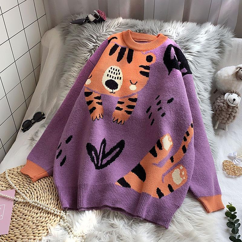 2022 Casual Sweet Autumn Winter High Quality Loose Long Sleeves Hide Seek Cartoon Cute Tiger Girl Sweater Knitwear Pullover Y2k alx