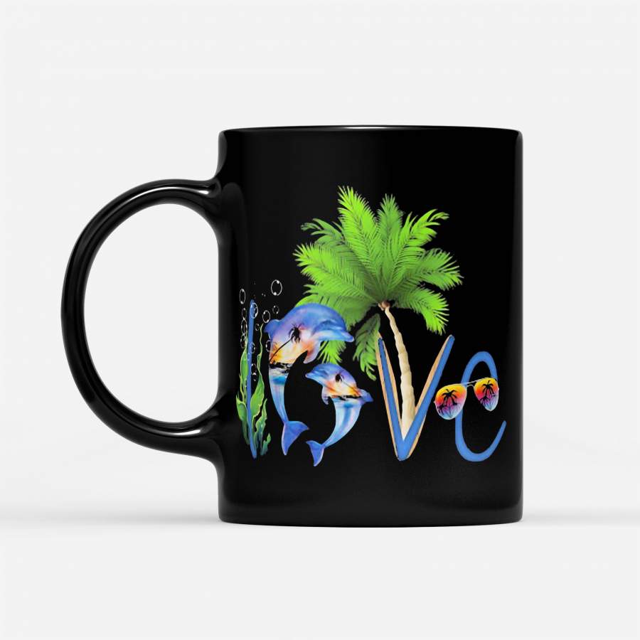 Love Dolphin Ocean Coconut Tree – Black Mug