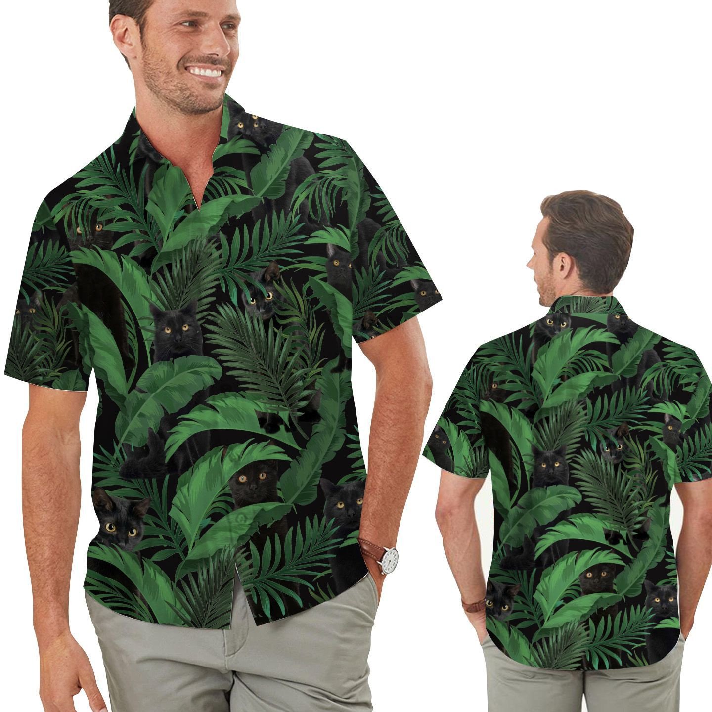 Black Cat Tropical Aloha Leaves Men Hawaiian Shirt For Cat Lovers – Gift For Cat Lovers