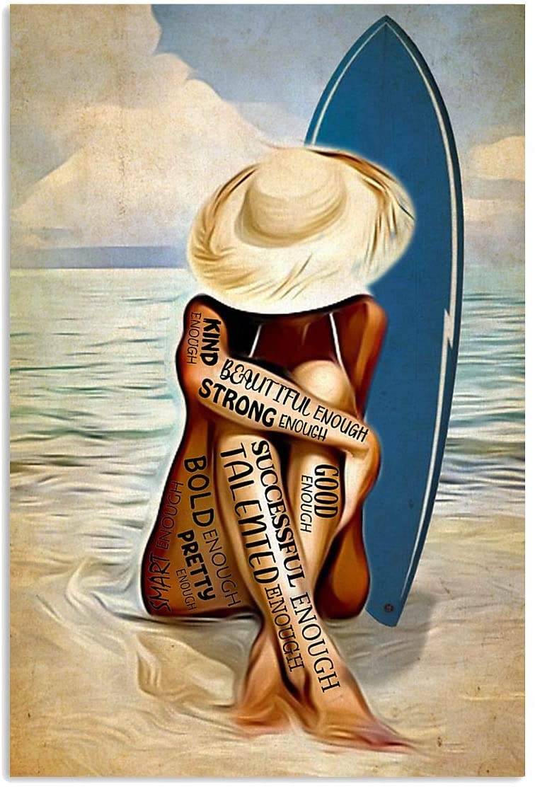 Vintage Girl Surfing Beautiful Kind Pretty Enough Poster Art Print      Home Decor Gift For Men Women Family Friend On Birthday Xmas