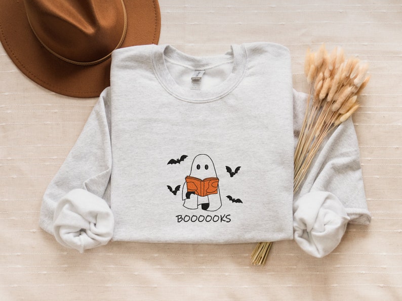 Embroidered  Ghost Reading Book Halloween Sweatshirt Crewneck Sweatshirt All Over Print Sweatshirt For Women Sweatshirt For Men Sws2589