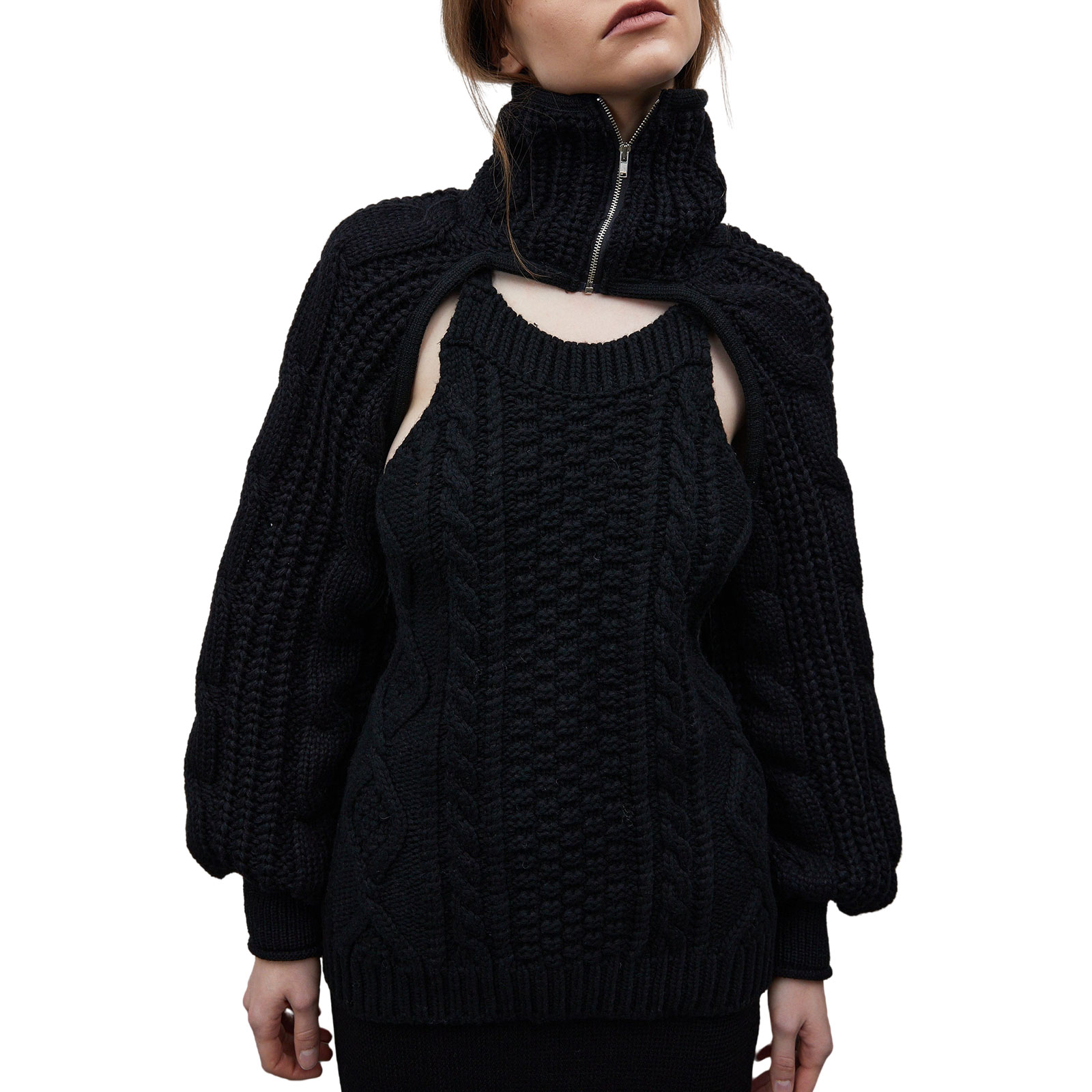 Women’s Knitting Cropped Shrug Tops Solid Color Zipper High Neck Long Sleeve Short Sweater Coat alx