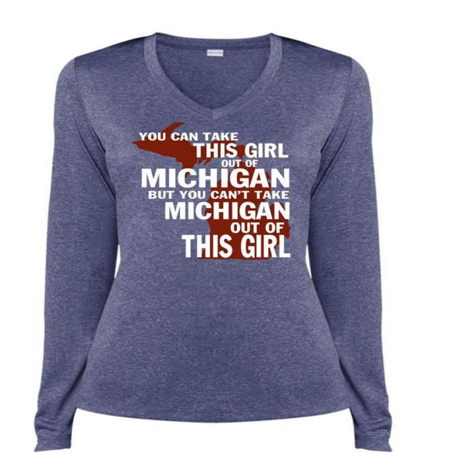 You Can Take This Girl Out Of Michigan T Shirt, My Favorite T Shirt, Cool Shirt (Ladies LS Heather V-Neck)