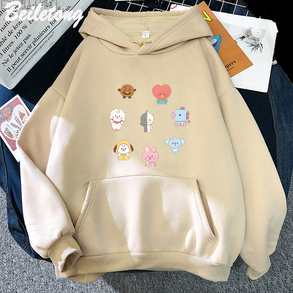 Cartoon Kawaii Bt21 Rabbit Hooded for Woman Girls Cute Printing Long Slevee Hoddies Fashion Unisex Sweatshirt Korean Cardigan alx