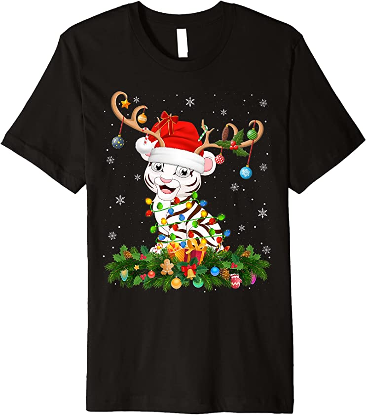 Xmas Holiday Reindeer Hat Santa White Tiger Christmas Premium T-Shirt