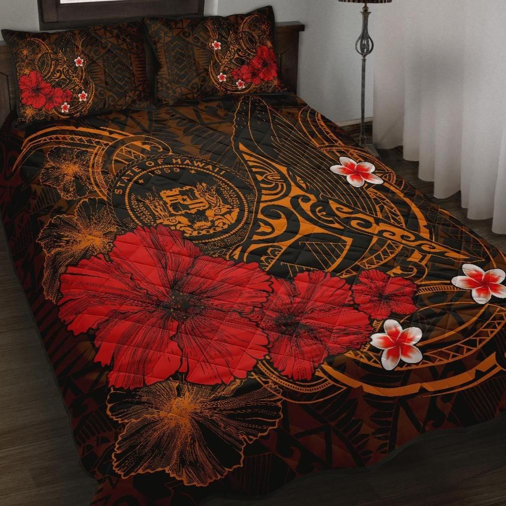 Alohawaii Home Set – Quilt Bed Set Polynesian Hawaii – Humpback Whale With Hibiscus (Golden) – Bn15