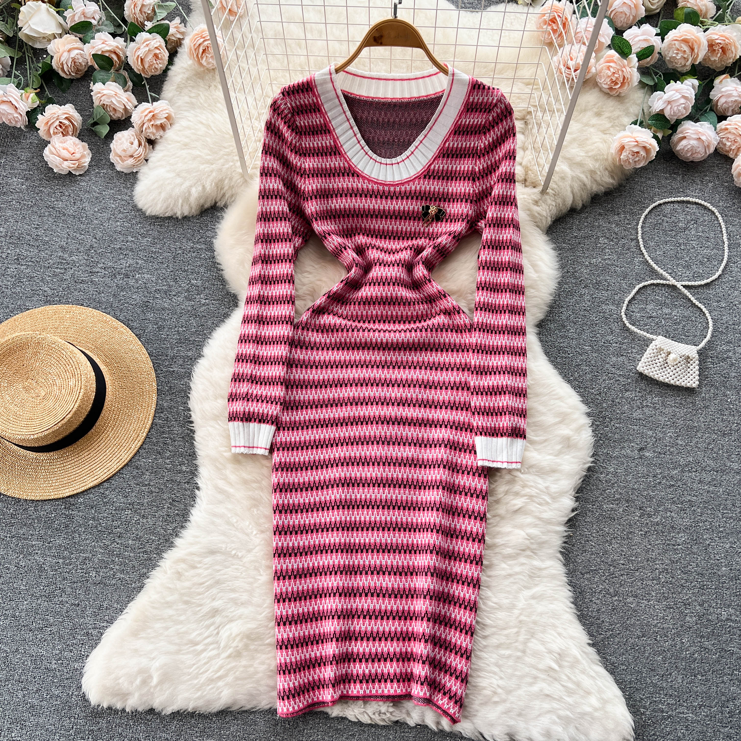 SINGREINY Striped Long Sleeve Women Dress O Neck Split Autumn Korean Style Winter Slim Ladies 2022 Knit Warm Sweater Dresses alx