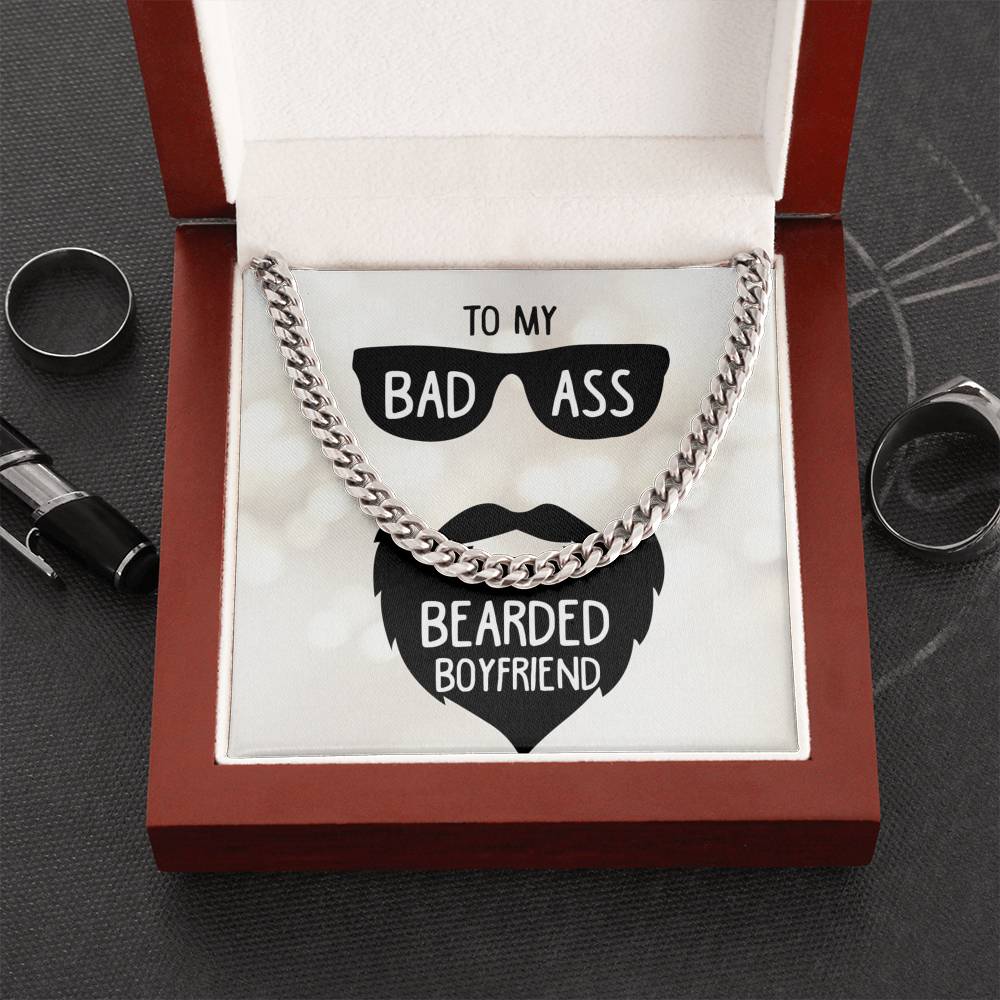 “To My Bad Ass Bearded Boyfriend” Cuban Link Chain Necklace For Boyfriend, Gift For Boyfriend, Birthday / Anniversary / Just-Because / Christmas Gift For Boyfriend From Girlfriend Or Boyfriend