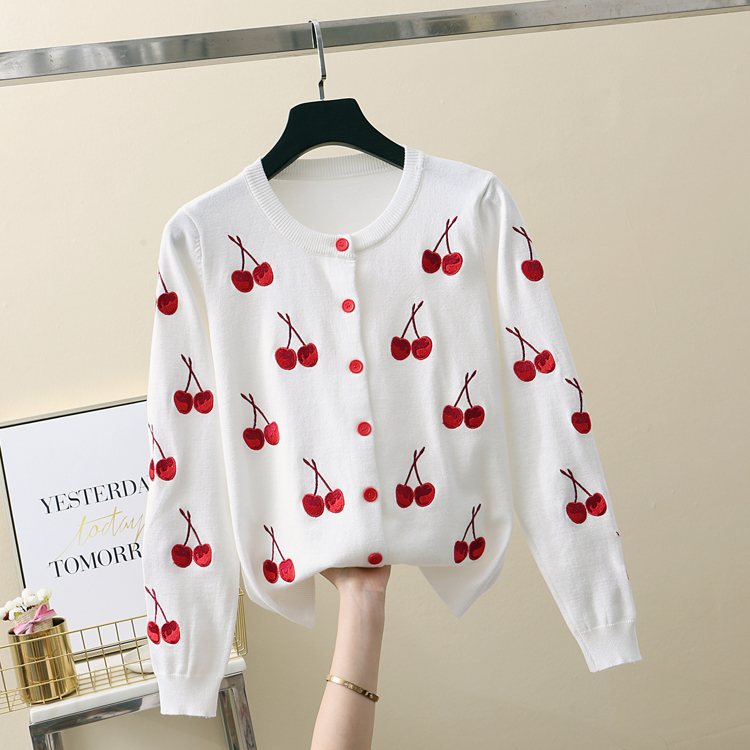 Cherry Embroidery Knitted Sweater Women Cardigans 2022 Spring Autumn O-Neck Long Sleeve All-Match Short Knitting Jacket Coats alx