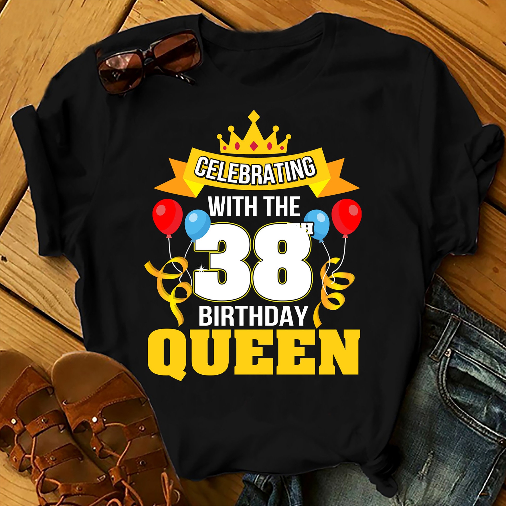 Custom Personalised Birthday Shirt Celebrating With The 38 Birthday Queen Shirts Women, Birthday T Shirts, Summer Tops, Beach T Shirts