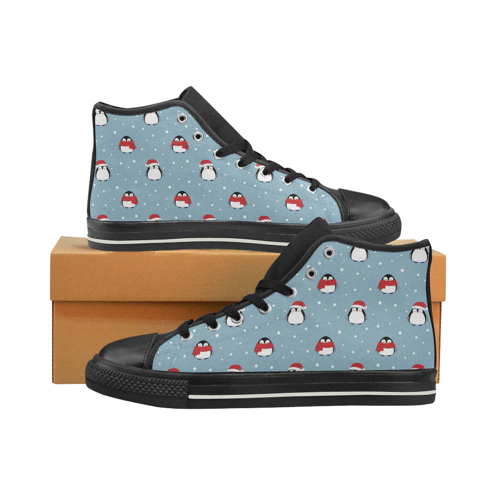 Cute Penguin Christmas Snow Pattern Women’S High Top Canvas Shoes Black Gift For Men Women