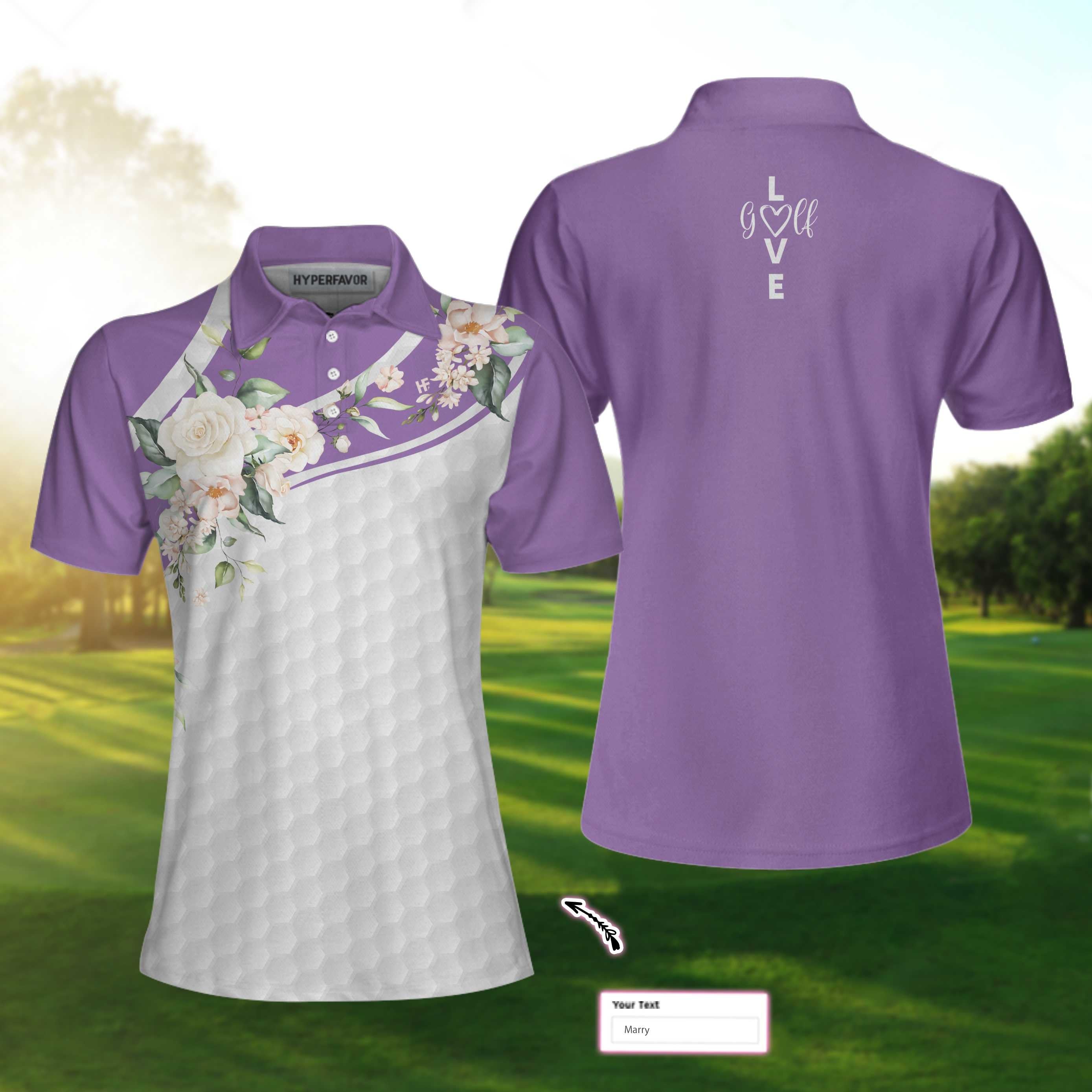 Golf Ball Texture With Roses Golf Short Sleeve Women Polo Shirt, Purple Golfing Polo Shirt For Ladies Coolspod