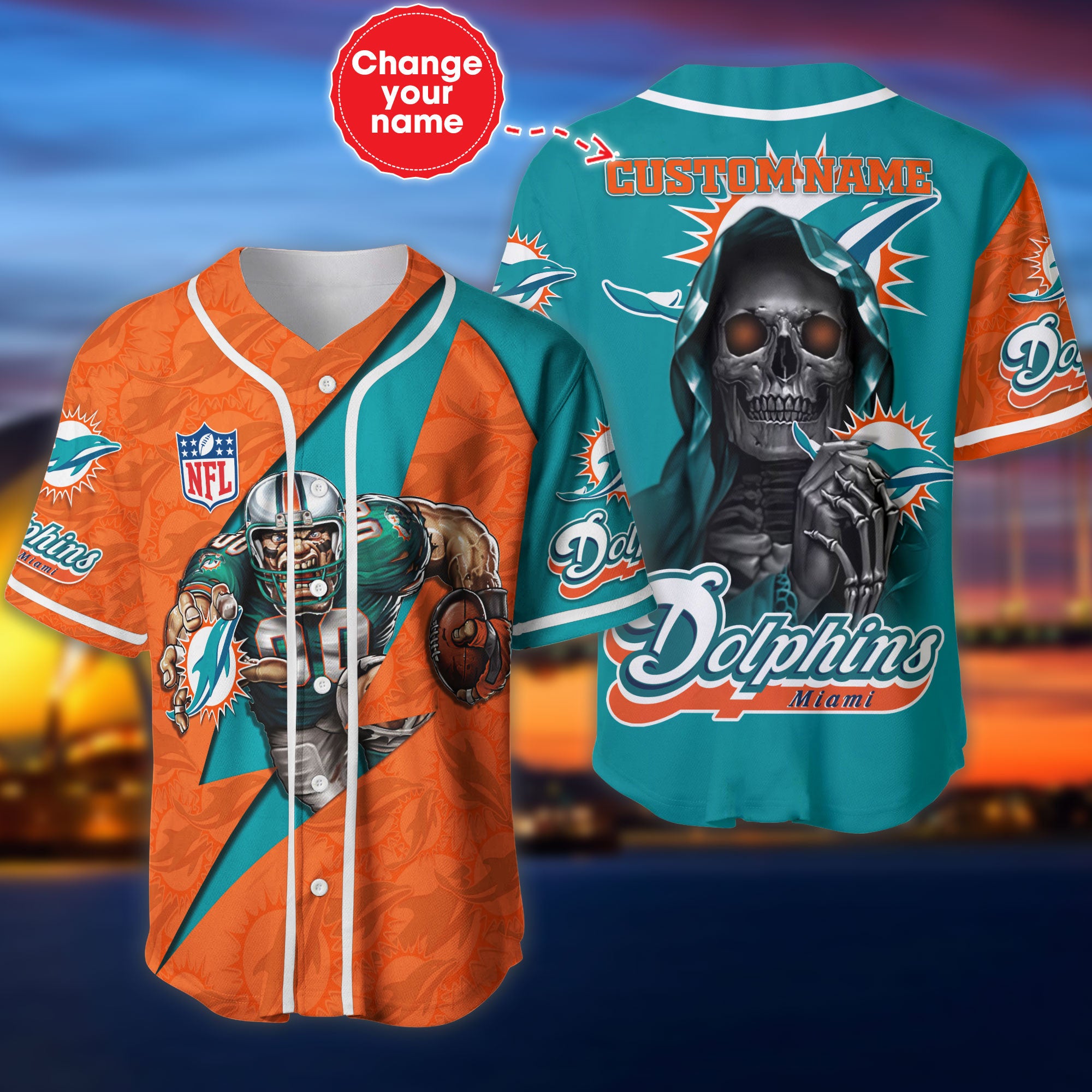 Miami Dolphins Baseball Jersey Skull Custom Name