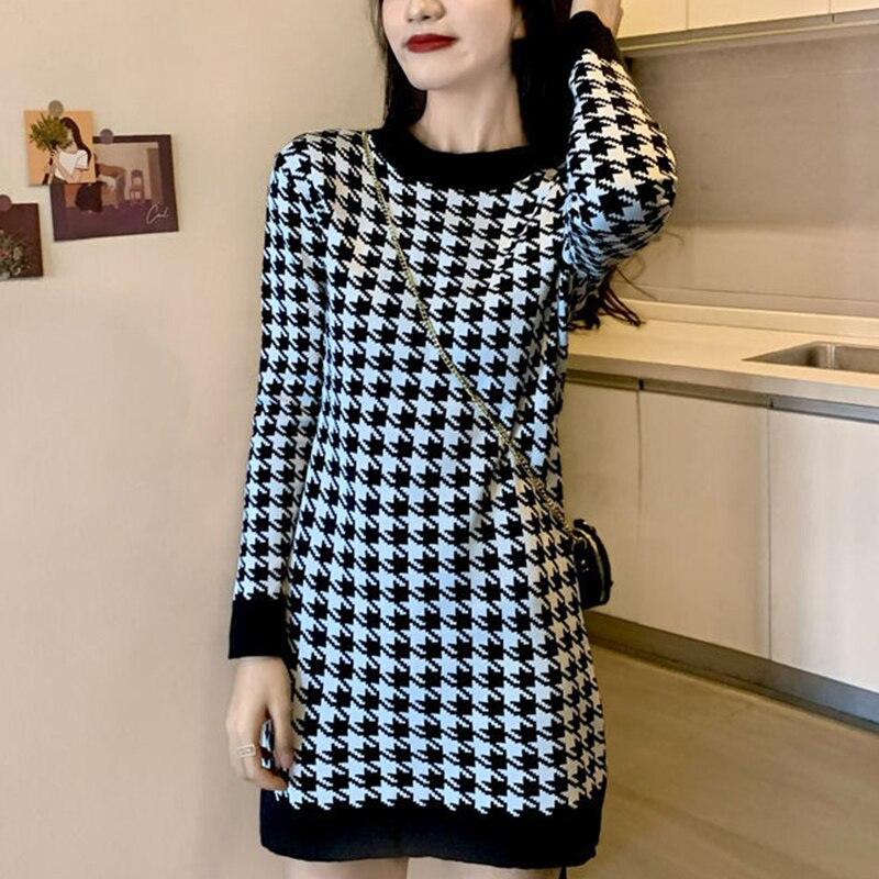 Autumn Winter Vintage Houndstooth Print Mini Bodycon Dress Ladies Casual Fashion Robe Knitting Plaid Dresses Vestidos De Fiesta alx