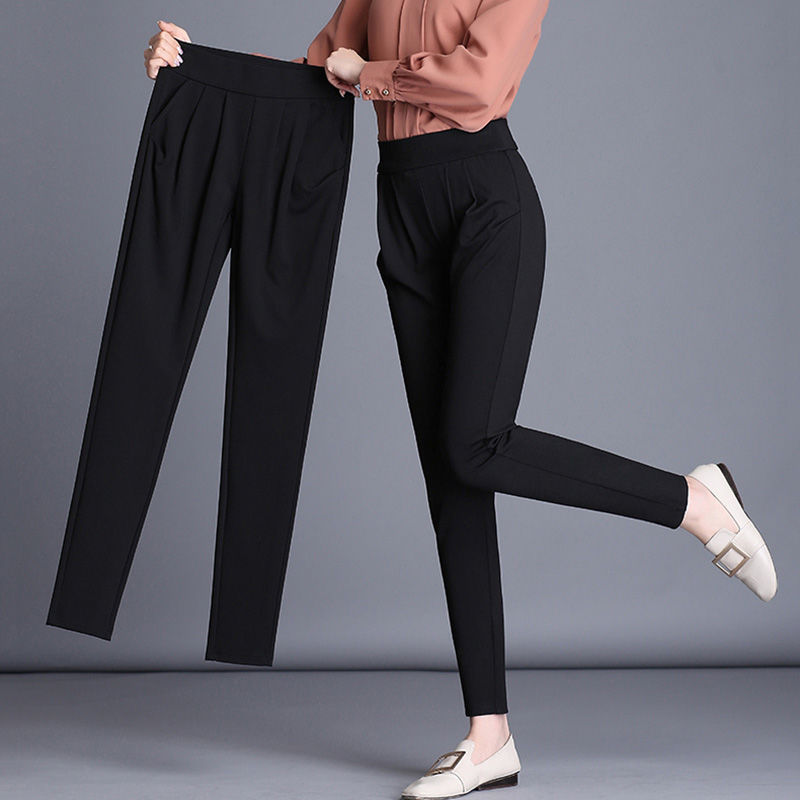 Autumn Winter New All-match Plus Velvet Thickening Pockets Slim Black Pants Women Casual Elasticity High Waist Harem Trousers alx