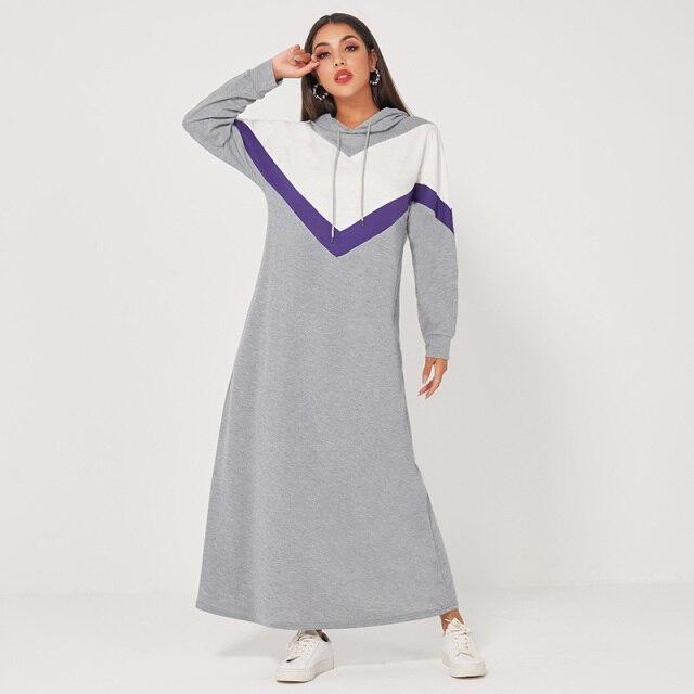 Womens Hooded Dress Drawstring V-Shaped Stitching Long Sleeve Casual Dress Long Sleeve Casual Dress