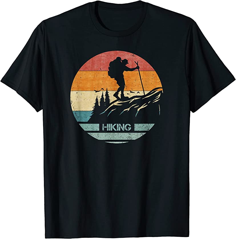 Vintage Retro Hiking Player Hiker Silhouette Sunset Funny T-Shirt