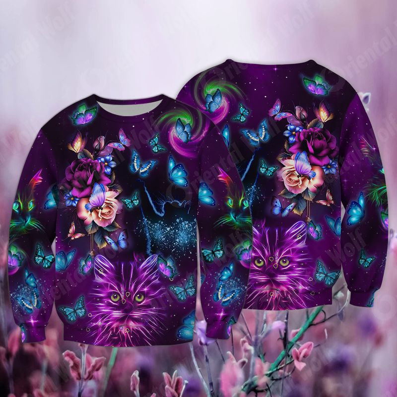 Purple Butterfly Kitten Fairies Starry 3D Full Print Sweatshirt